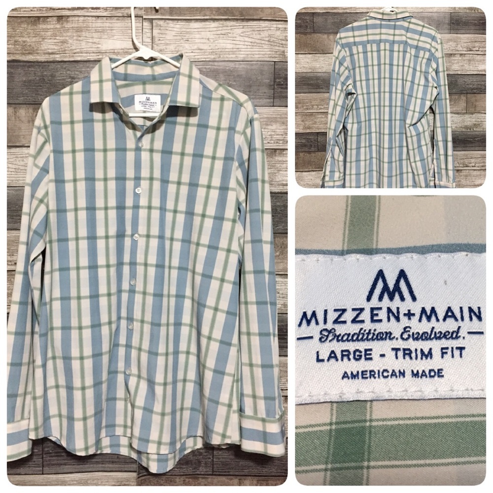 Mizzen Main Trim Fit Plaid Button Up Shirt Men L Blue Green Stretch Performance